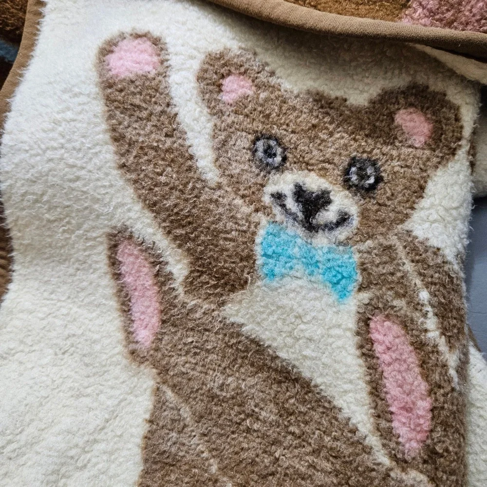 Vintage Biederlack Dancing Teddy Bear Blanket Fleece Reversible Brown Cream USA